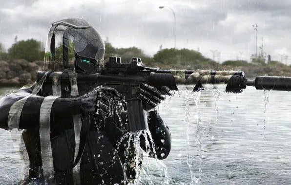 Picture water, river, fiction, soldiers, machine, helmet, camouflage, phantom