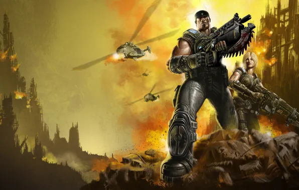 Picture weapons, fire, explosions, armor, Gears of War, fighters, Marcus Fenix, Anya Stroud