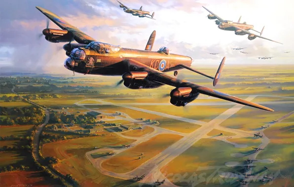 Picture aircraft, war, art, airplane, aviation, ww2, dogfight, avro lancaster