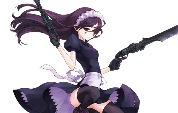 Picture white background, gloves, long hair, the maid, on my knees, bezel, black stockings, revolvers, two …