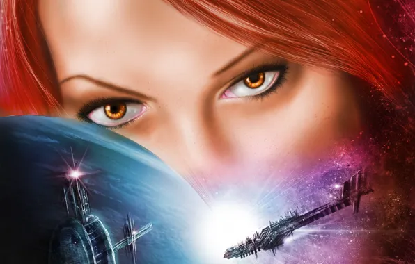 Picture eyes, look, girl, space, face, fiction, planet, art, galaxy, red hair
