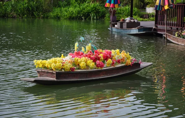 Picture landscape, flowers, boat