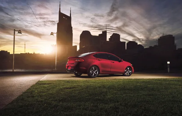 Picture Sunset, The sun, Red, The evening, The city, Machine, Dodge, Lawn, Dart-GT