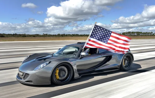 Picture the sky, flag, supercar, the front, Hennessey, Venom GT, Hennessy, Venom GT, World Speed Record