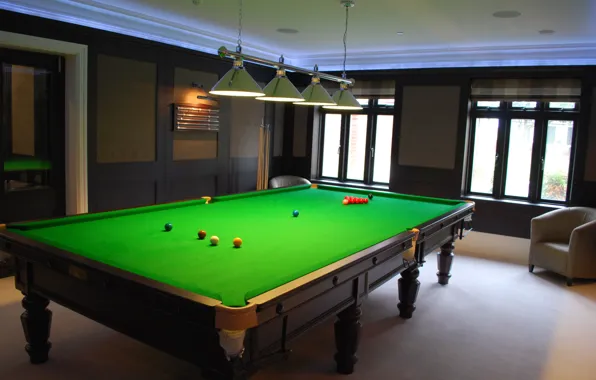 Picture table, lamp, balls, chairs, pool, interior, backlight., Kii, snookerroom, Billiards snooker