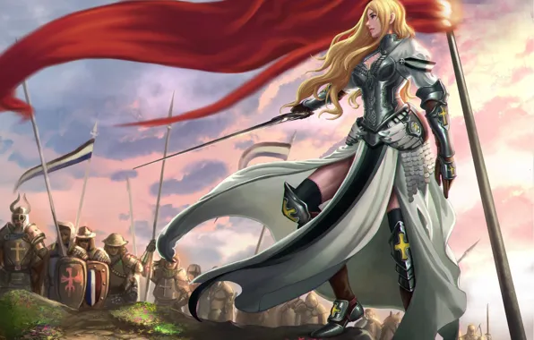 Picture pose, weapons, sword, armor, art, army, girl. warrior, red flag