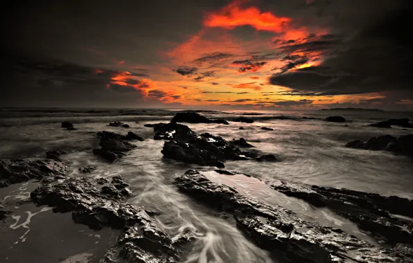 Picture sea, clouds, sunset, stones, horizon, orange sky
