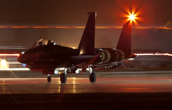 Picture night, lights, the plane, the airfield, F-15 Eagle, the rise, F-15 "Eagle", &quot;night Stalker&quot;