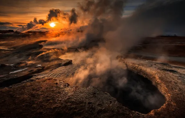 Picture dawn, smoke, Iceland, healing water