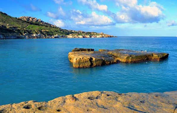 Picture sea, the sky, rocks, Bay, Malta, Gnejna Bay