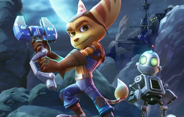 Picture gun, robot, Sony, tail, animal, hair, gloves, hammer, outer space, Ratchet &amp; Clank, Clank, Insomniac, …