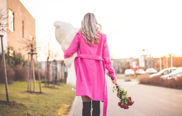 Picture girl, flowers, gift, toy, roses, bear, pink, blonde, coat