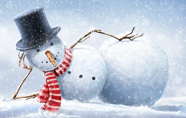 Picture winter, snow, snowflakes, hat, scarf, snowman