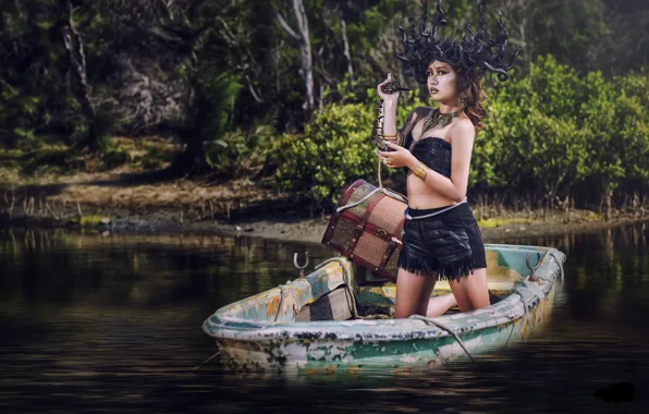 Picture water, girl, style, model, boat, snake, the situation, Asian, chest, Medusa