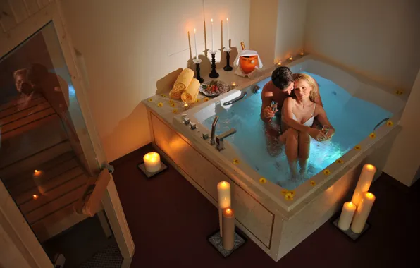 Picture love, romance, woman, candles, bath, male