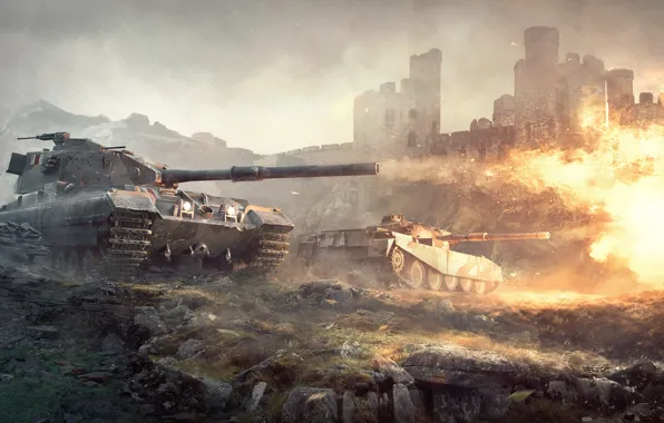Picture castle, flame, shot, tanks, World of tanks, WoT, world of tanks, British