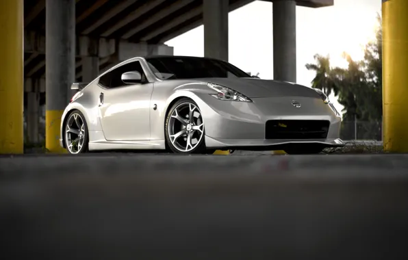 Picture the sun, tree, tuning, silver, Nissan, tuning, tree, sun, 370z, Nissan. silver
