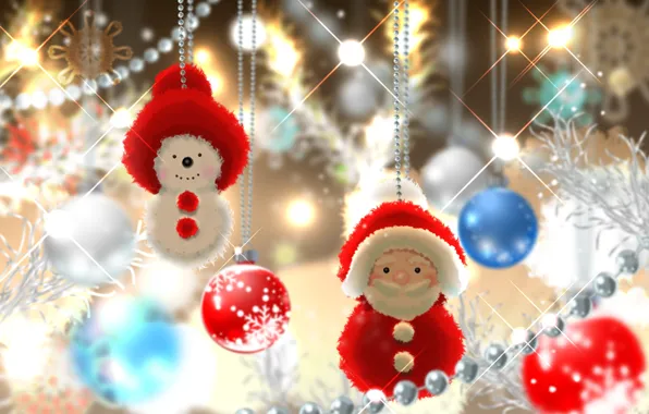 Picture toys, new year, art, beads, snowman, tree, Santa Claus