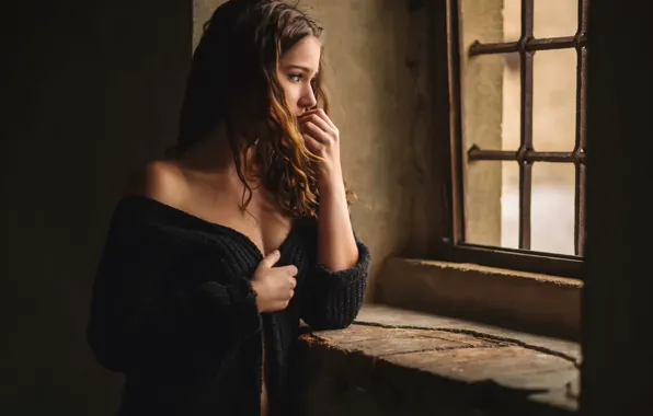 Picture sadness, girl, window, neckline, Natural Light, Remember