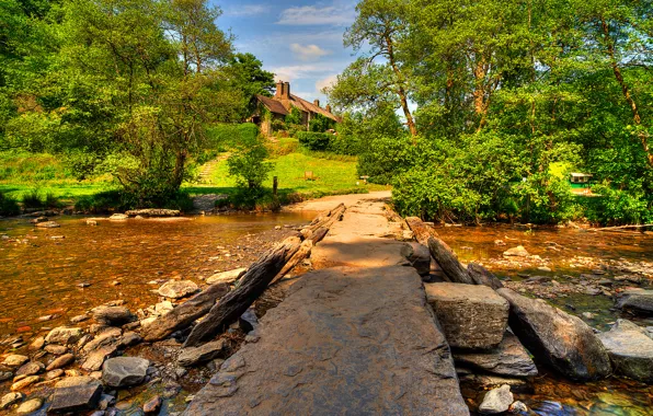 Picture the sky, clouds, trees, lake, house, stones, Exmoor, Exmoor