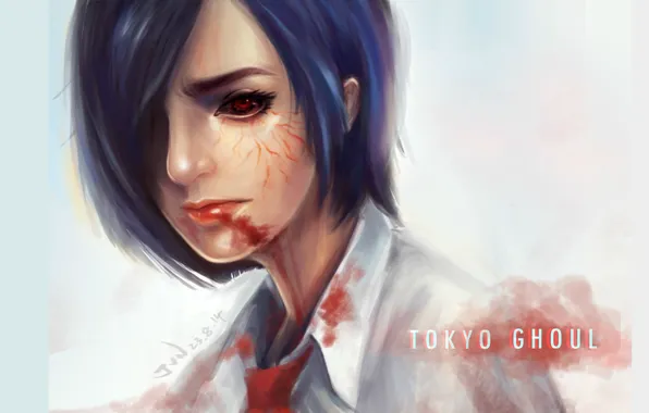 Picture red eyes, hunger, blood on the lips, blood spatter, Tokyo Ghoul, Bring Kirishima