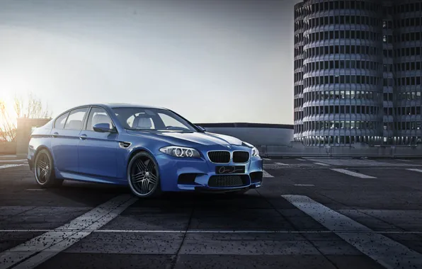 Picture the sky, blue, lights, the building, bmw, BMW, front view, f10, monte carlo blue, running