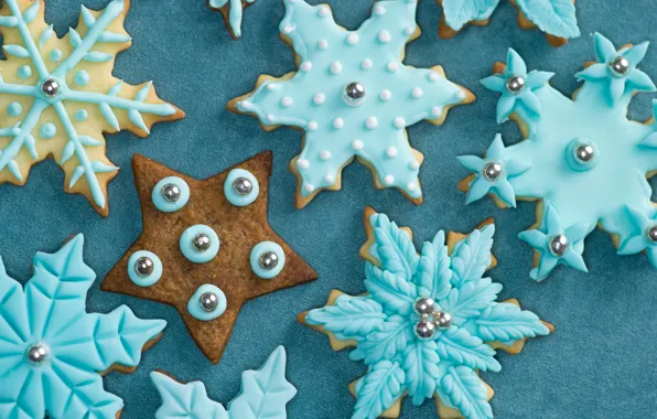 Picture winter, snowflakes, food, New Year, cookies, blue, Christmas, sweets, Christmas, cakes, New Year, glaze, Christmas, …