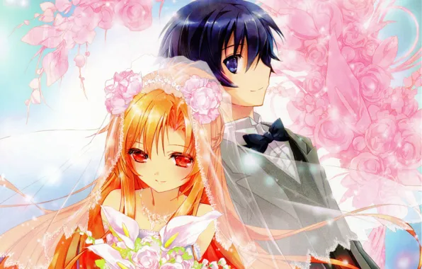 Picture flowers, bouquet, the bride, veil, art, wedding, the groom, sword art online, yuuki asuna, kirito, …