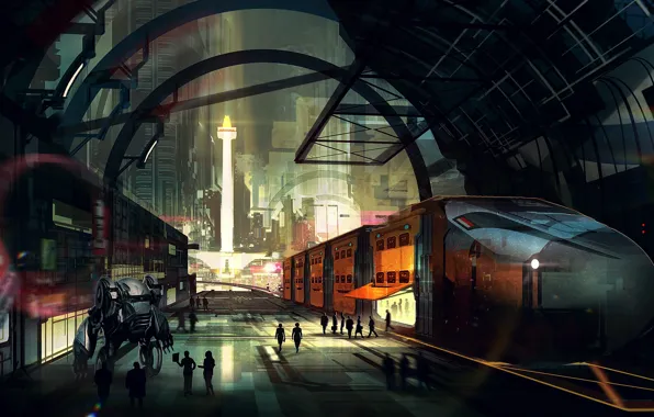 Picture night, the city, future, people, fiction, station, train, robot, skyscrapers, megapolis