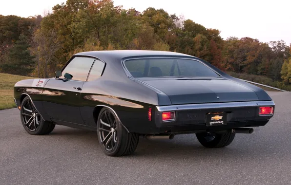 Picture road, trees, black, tuning, Chevrolet, Chevrolet, muscle car, classic, rear view, tuning, 1970, Chevelle, Muscle …