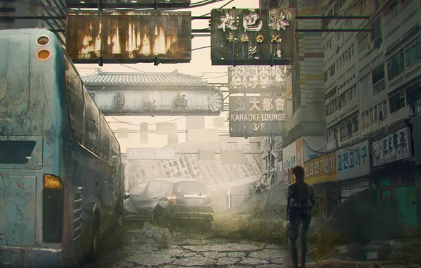 Picture machine, the city, street, woman, people, bus, ruins, postapocalypse