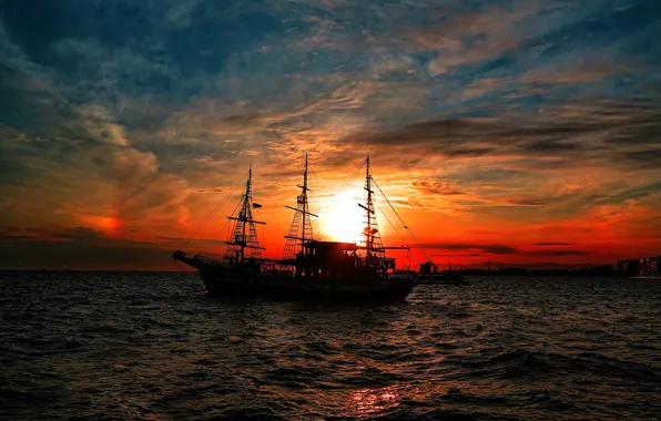 Picture sunset, ship, sailboat