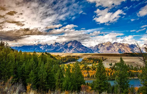 Picture autumn, forest, clouds, trees, mountains, river, plain, Wyoming, USA, Grand Teton, Grand Teton National Park