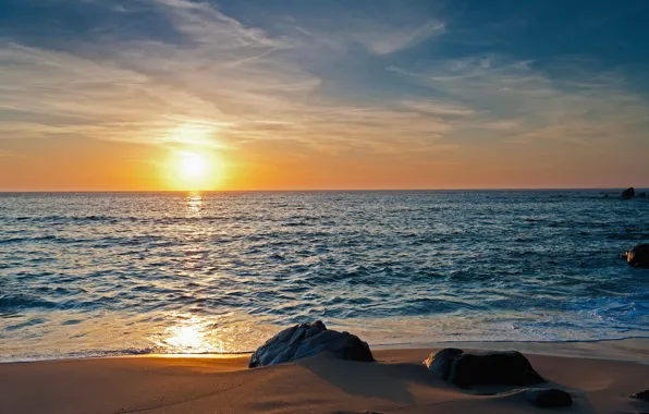 Picture sand, sea, sunset, nature, stones, horizon