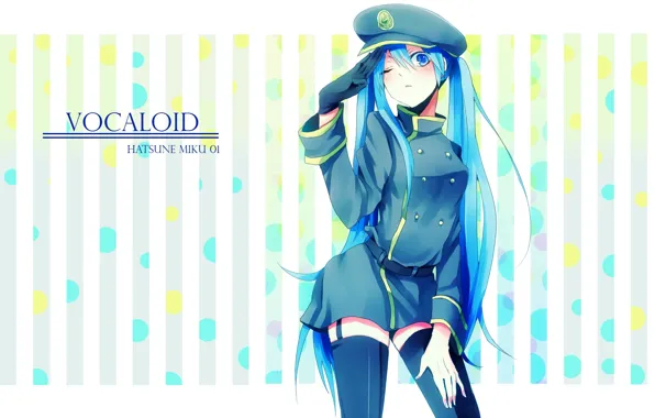 Picture vocaloid, Hatsune Miku, cap, wink, military uniform, black stockings, visor, striped background