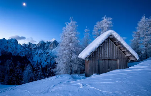 Picture winter, mountains, frost, the barn, the snow
