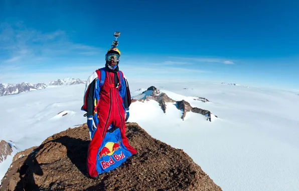 Picture winter, the sky, snow, mountains, glasses, shadows, helmet, pilot, camera, Red Bull, extreme sports, wingsuit, …