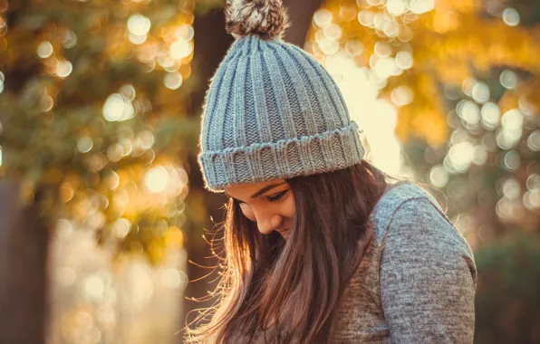 Picture autumn, girl, hat, bokeh
