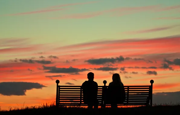 Picture the sky, clouds, the evening, silhouette, pair, glow, bench