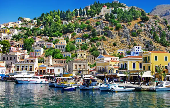 Picture trees, mountains, nature, stones, coast, island, home, boats, Greece, Greece, The Aegean sea, Simi