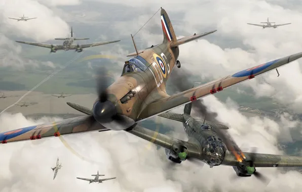 Picture fighter, war, art, airplane, painting, aviation, ww2, dogfight, Supermarine Spitfire Mk.I