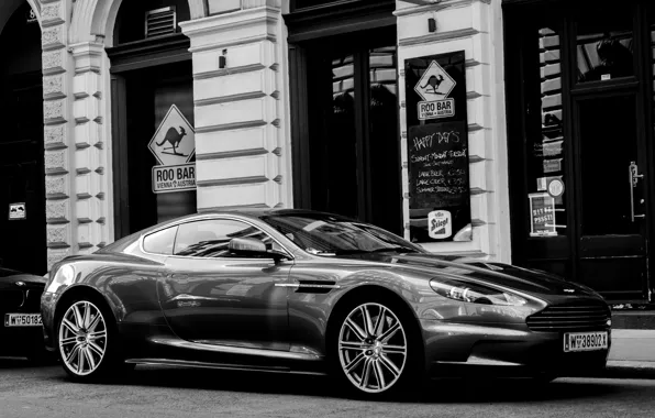 Picture photo, street, coupe, black and white, car, Aston Martin DBS, the British company Aston Martin, …
