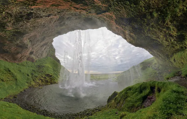 Picture waterfall, cave, Iceland, Seljalandsfoss