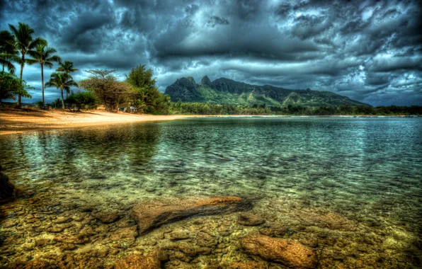 Picture the sky, clouds, trees, mountains, lake, tropics, hdr