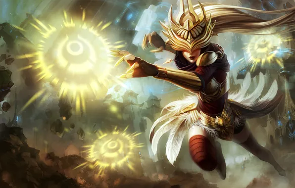 Picture girl, the city, magic, explosions, armor, feathers, League of Legends, LoL, Syndra