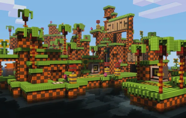 Picture the sky, water, clouds, island, blocks, Minecraft, hillside, sonic