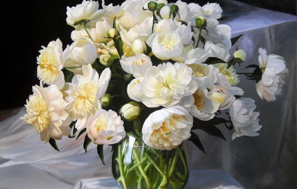 Picture flowers, bouquet, picture, fabric, vase, white, still life, buds, peonies, Zbigniew Kopania