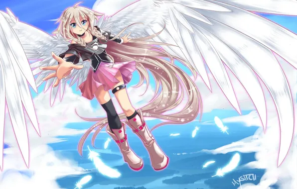 Picture the sky, girl, clouds, flight, nature, wings, feathers, art, vocaloid, Vocaloid