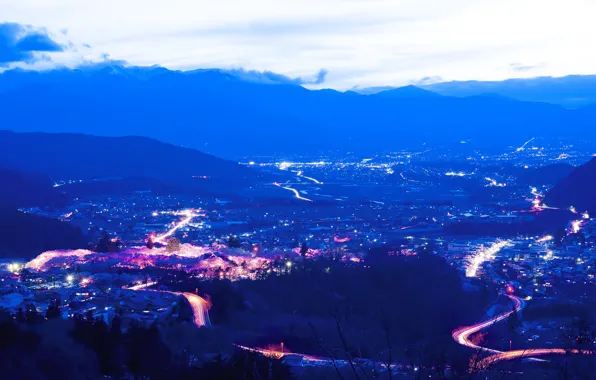 Picture road, clouds, mountains, night, lights