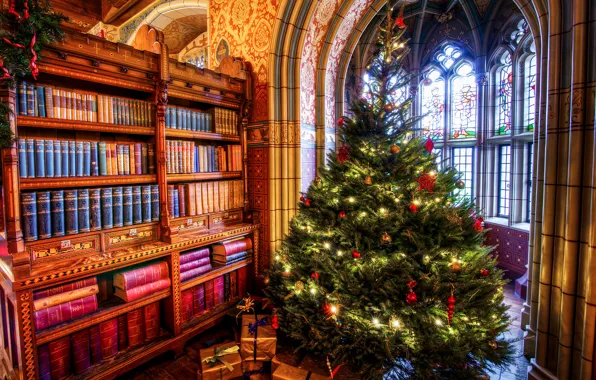 Picture room, books, tree, window, Christmas, gifts, arch, New year, wardrobe, Holiday, mural, Christmas, New year